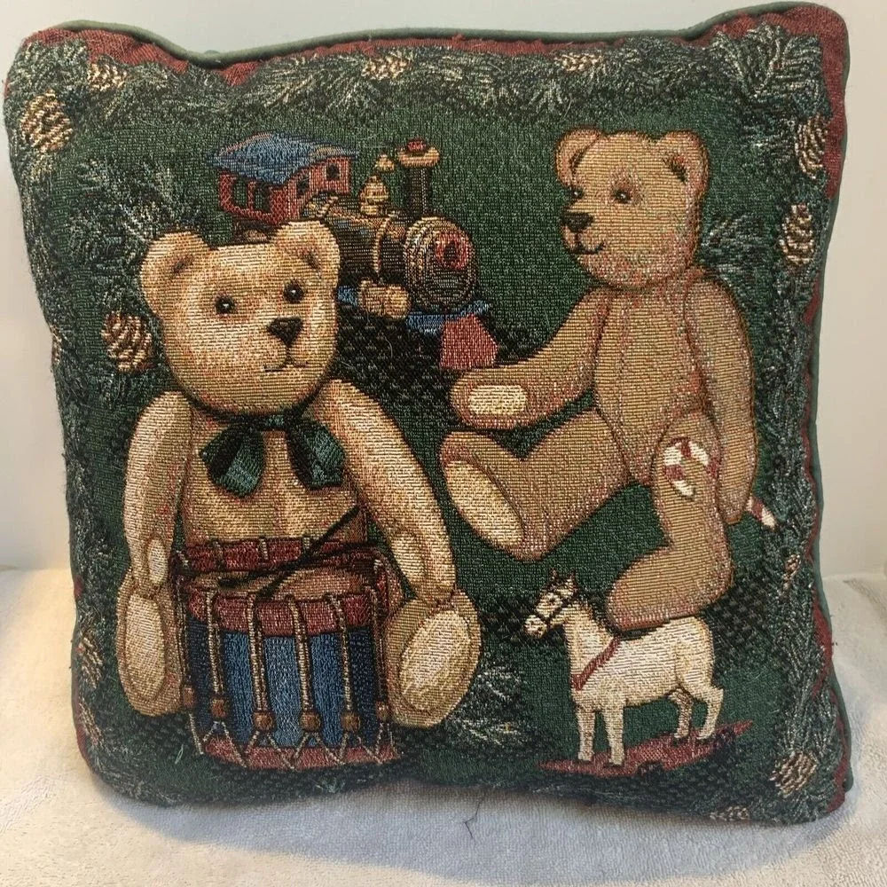 Vintage Christmas Teddy Bear Tapestry Square Throw Pillow Toys Train‎ Drum